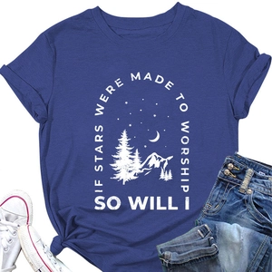 Detailed screen print of mountain landscape with inspirational text on navy blue cotton tee