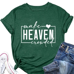 Detailed flat lay of dark green T-shirt with 'make HEAVEN crowded' slogan and jeans