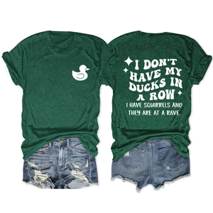 Detail view of cotton t-shirt featuring double-sided ducks and humor quote prints