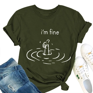 Army green t-shirt featuring i'm fine graphic print with denim jeans and white sneakers
