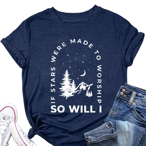 Detail of navy blue cotton t-shirt featuring stars and worship graphic print design