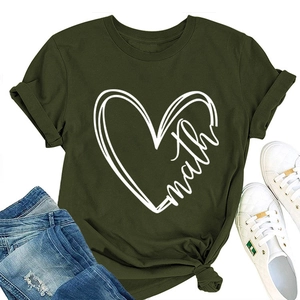 Detail of army green cotton t-shirt with heart math print and stylish knotted hem
