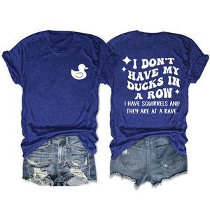 Front and back view of navy cotton T-shirt with white duck print and slogan