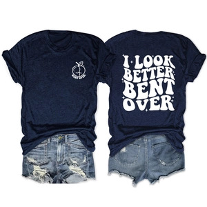 Navy crew neck T-shirt with white graphic print on front and back shown on white background