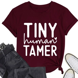 Close-up of wine red crew neck t-shirt featuring tiny human tamer print and knot detail