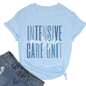 Detail of light blue cotton T-shirt featuring Intensive Nurse Care Unit text graphic