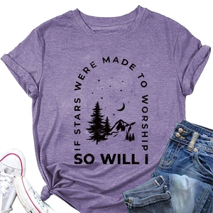 Detail of purple graphic tee with 'If stars were made to worship' mountain print