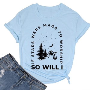Flat lay of light blue cotton T-shirt with nature graphic and denim shorts set