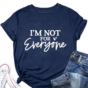 Flat lay of navy crew neck t-shirt with I'M NOT FOR EVERYONE print and knotted hem