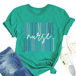 Flat lay of teal cotton T-shirt with Intensive Nurse Care Unit print and blue jeans