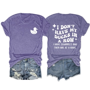 Detailed front and back view of purple T-shirt with funny ducks and squirrels text print