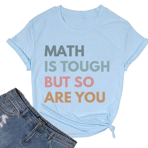 Detail of light blue t-shirt featuring artistic text print and side knot hem design