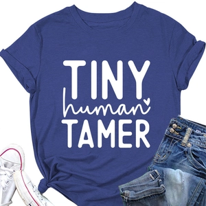 Detail of blue cotton t-shirt with TINY human TAMER print and front hem knot design