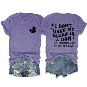 Detail of purple cotton T-shirt featuring double-sided graphic prints and crew neck