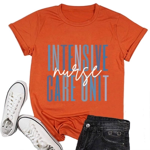 Flat lay of an orange Intensive Nurse Care Unit t-shirt with shorts and sneakers