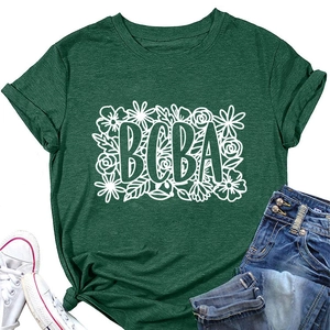 Detail of dark green BCBA floral T-shirt with rolled sleeves and side-tied hem styling