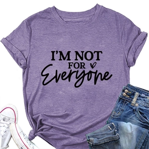Flat lay of purple cotton T-shirt with I'M NOT FOR EVERYONE print and denim jeans