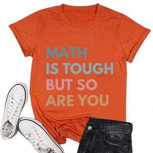 Detail of orange t-shirt featuring multicolor MATH IS TOUGH BUT SO ARE YOU slogan print