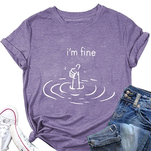 Detail of purple cotton T-shirt featuring 'i'm fine' print and hand-drawn graphic