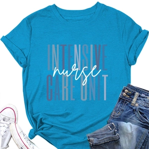 Detail view of the INTENSIVE nurse CARE UNIT print on a sky blue cotton t-shirt