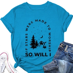 Detail of teal cotton T-shirt with mountain and star print for a casual outfit look