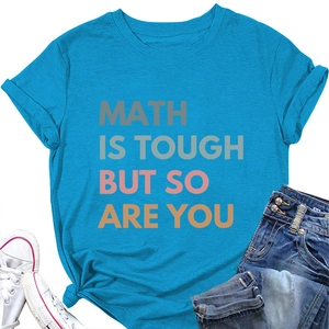 Close-up of sky blue math quote T-shirt with knot detail and casual styling accessories