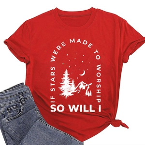 Detail of red cotton T-shirt featuring 'If Stars Were Made To Worship' graphic and mountains