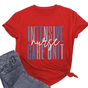 Flat lay of red cotton t-shirt with Intensive Care Unit nurse print and denim jeans