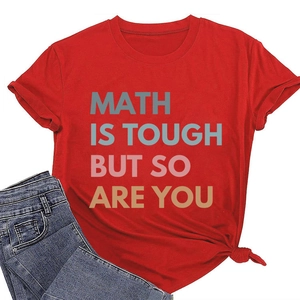 Detail of red cotton T-shirt featuring knotted hem and motivational math graphic print