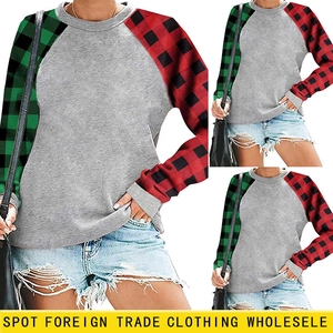 Sweatshirt Femme Col Rond Coton Polyester Manches Raglan Longues Carreaux Contraste Bloc De Couleur Haut Décontracté