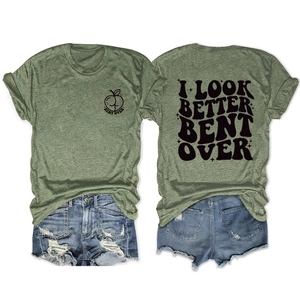 Detailed front and back view of olive green cotton T-shirt with white graphic prints
