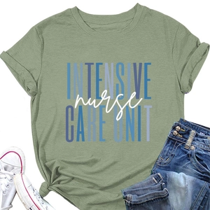 Detail of green nurse care unit t-shirt with modern typography and cotton texture