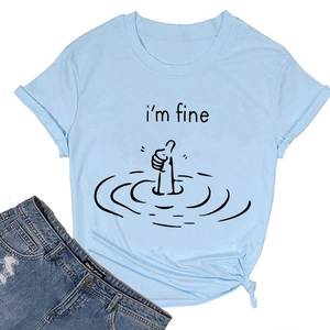Close-up of light blue cotton T-shirt featuring a thumb icon and i'm fine text detail