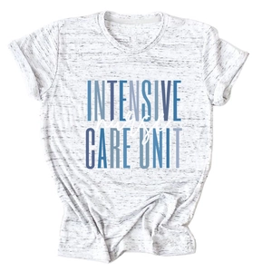 Detail of grey crewneck T-shirt with Intensive Care Unit and white nurse lettering print