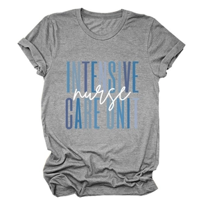 Detail of grey crewneck T-shirt showing Intensive Nurse Care Unit text print texture