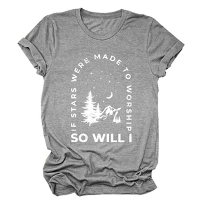 Close-up of forest and mountain graphic print on heather grey cotton T-shirt fabric