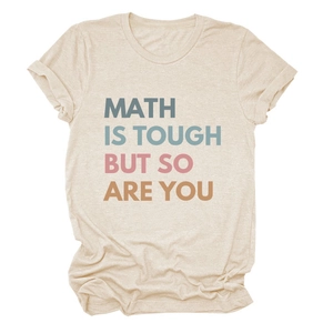 Detail of inspirational slogan print on cream cotton blend crew neck t-shirt