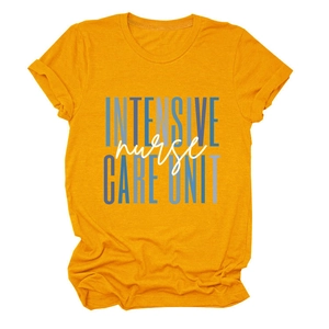 Detail of mustard yellow cotton T-shirt showing intensive nurse care unit print and fabric