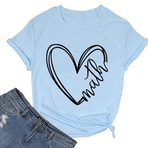 Detail view of light blue t-shirt with heart math print and decorative waist knot