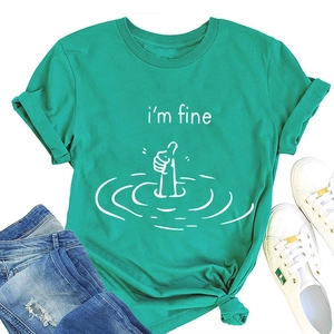 Flat lay of mint green cotton T-shirt with I'm fine print and blue denim jeans