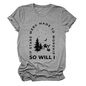 Detail view of cotton t-shirt with mountain print and if stars were made to worship text