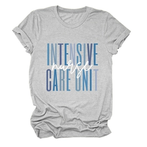 Detailed close-up of Intensive Nurse Care Unit printed text on heather grey T-shirt
