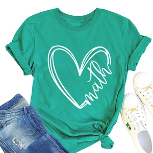 Close-up of turquoise heart t-shirt with math graphic paired with denim jeans