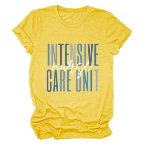 Close-up of yellow T-shirt with Intensive Nurse Care Unit text print detail