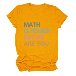 Detail of soft cotton knit fabric on ginger yellow T-shirt with math slogan print