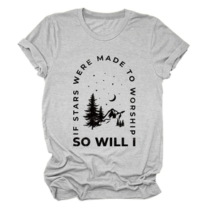 Close-up of the mountain and star print on this soft grey cotton casual t-shirt