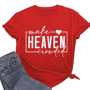 Detail of red t-shirt with make heaven crowded print and stylish knotted hem design