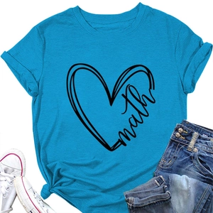 Flat lay of bright blue short sleeve T-shirt with math heart graphic and casual denim shorts