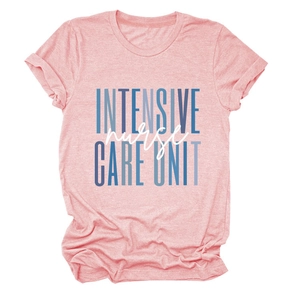 Detail of Intensive Nurse Care Unit text on heather pink cotton crewneck t-shirt