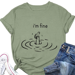Detail of light green cotton T-shirt featuring 'i'm fine' print and side knot design
